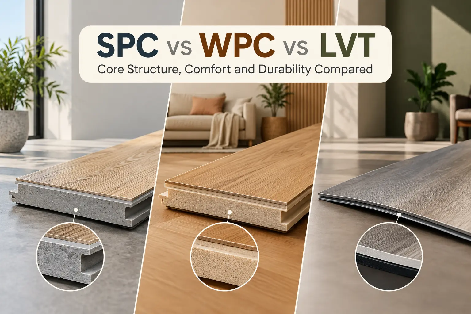  SPC vs WPC vs LVT Flooring: Core Structure, Comfort and Durability Compared